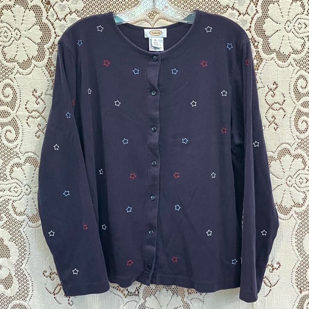 Talbots Women's Navy Blue Embroidered Cardigan Red, White, Blue Stars | Size XL